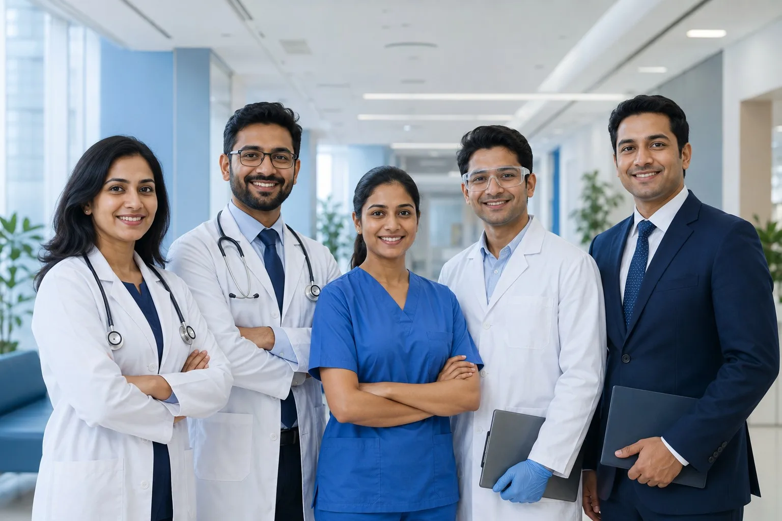 Illustrative portrait of a welcoming healthcare team with doctors, a nurse and hospital professionals
