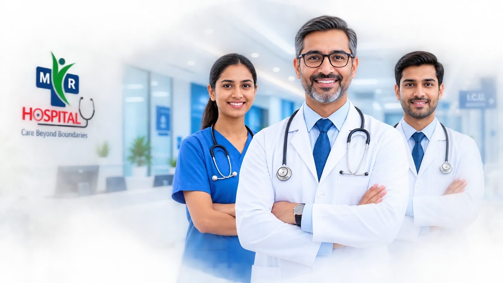 Illustration of specialist doctors in a hospital lobby