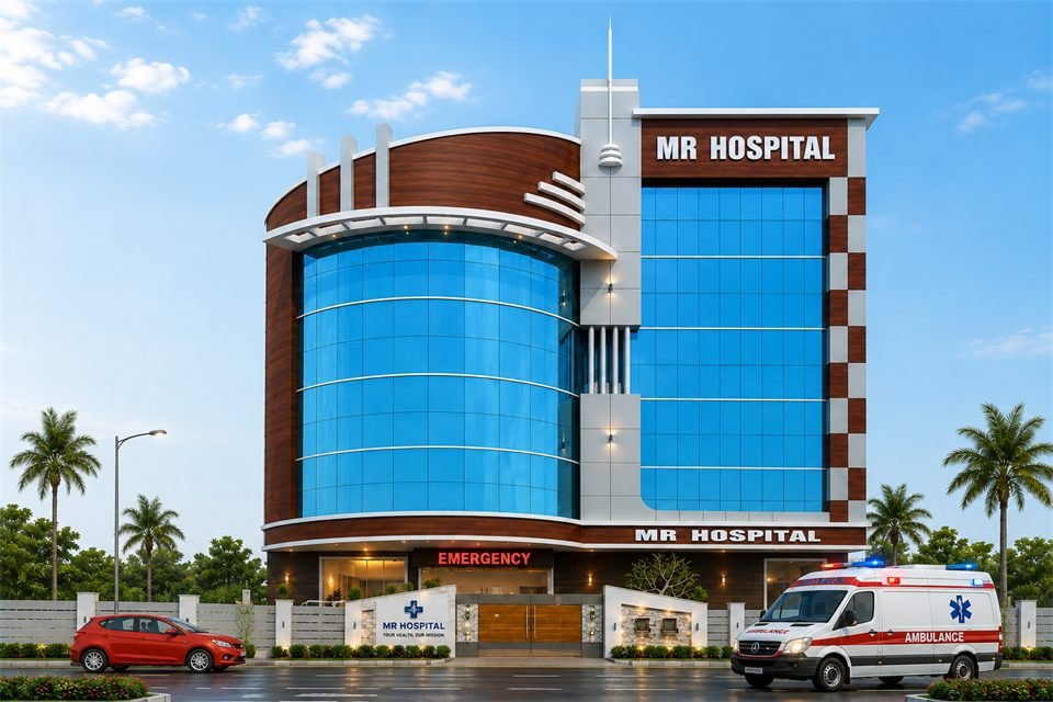 Modern MR Hospital building exterior with emergency entrance