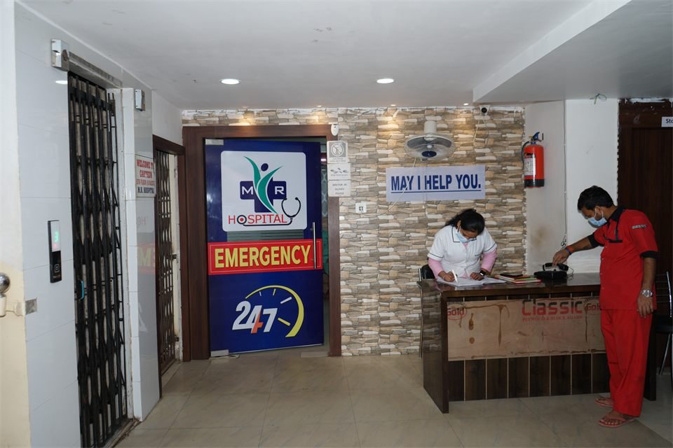 Emergency services signage and hospital interior passage