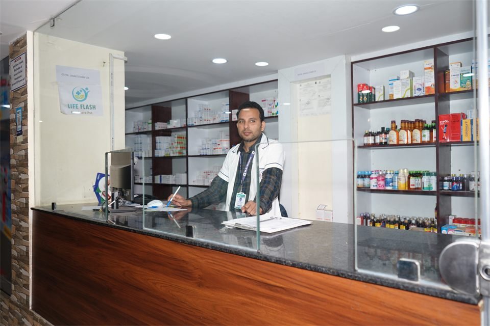 Pharmacy counter and medical stock section at MR Hospital