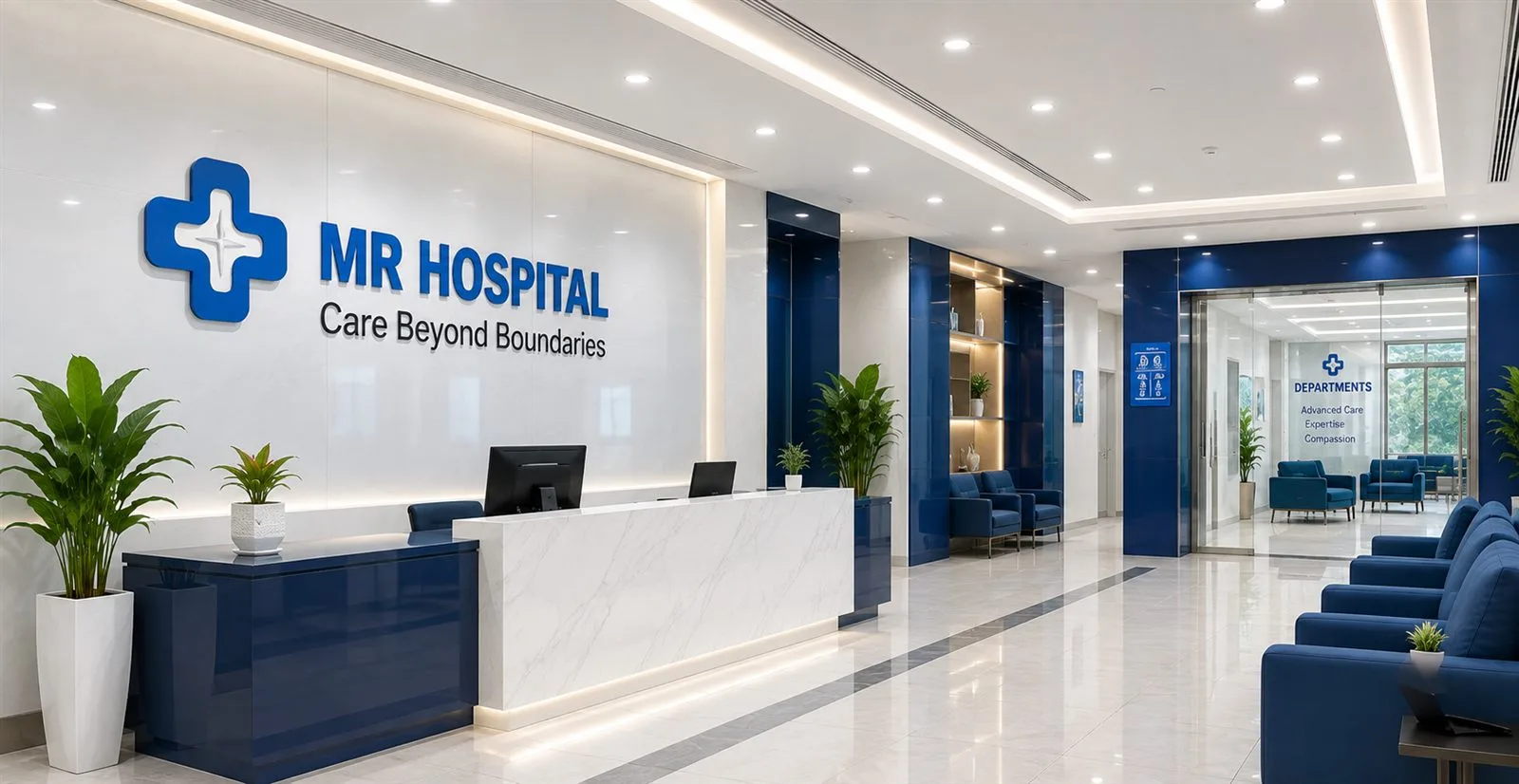 Illustration of a hospital lobby with blue seating and reception facilities