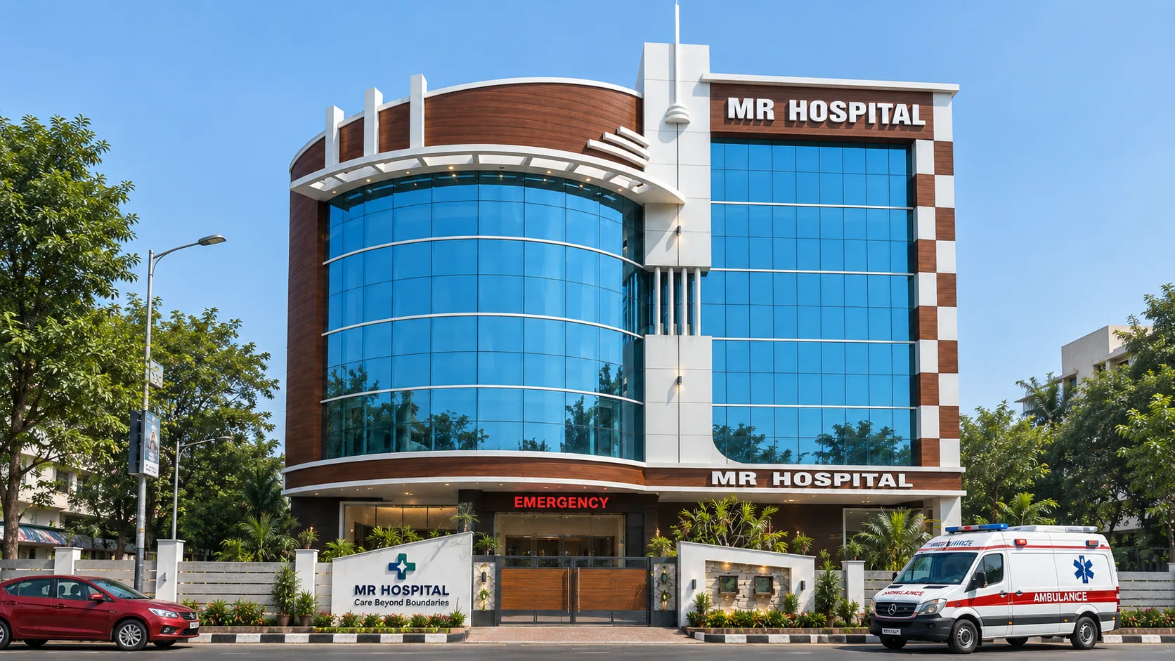 MR Hospital building with emergency entrance and ambulance