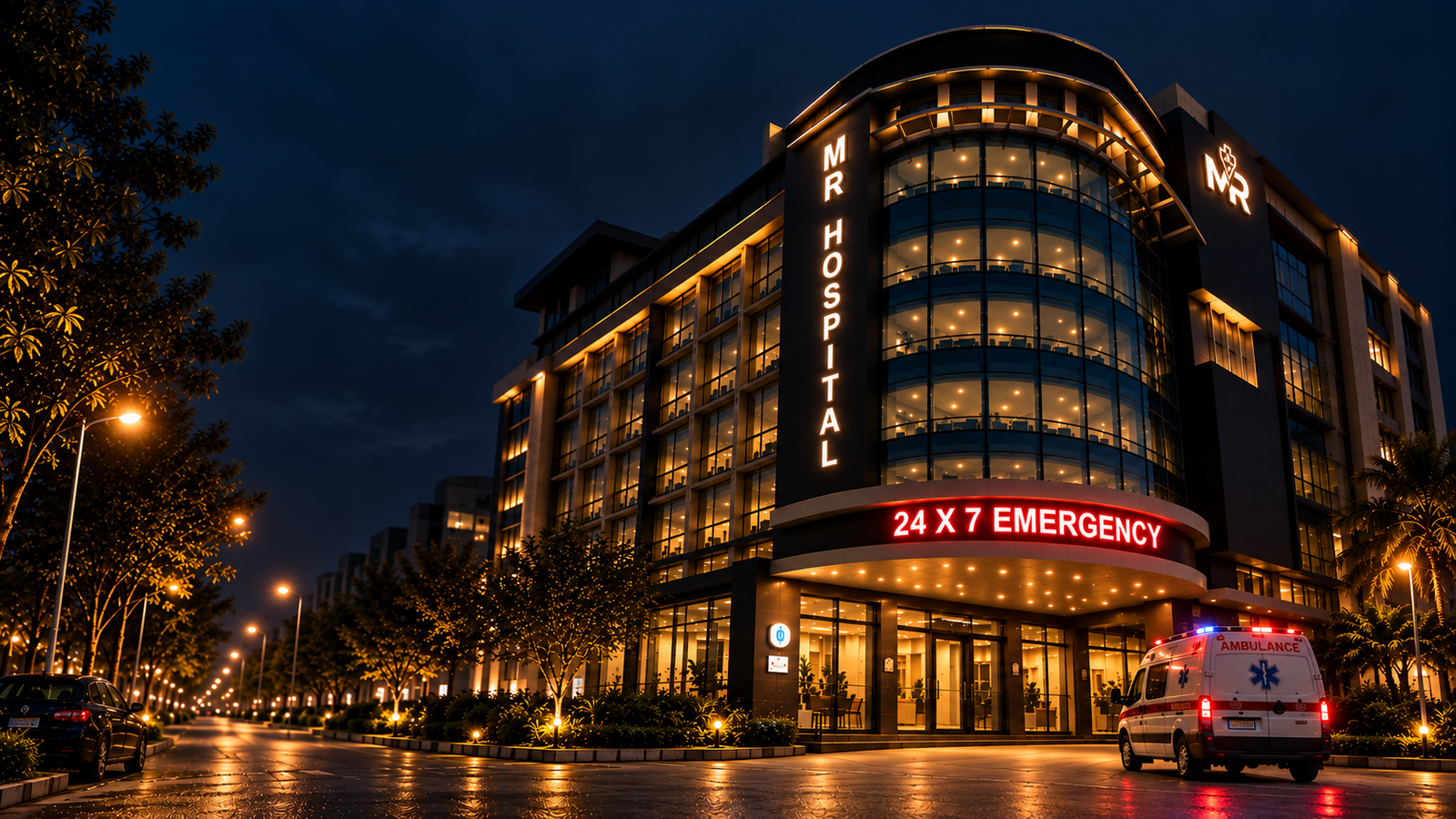 MR Hospital building with emergency entrance and ambulance