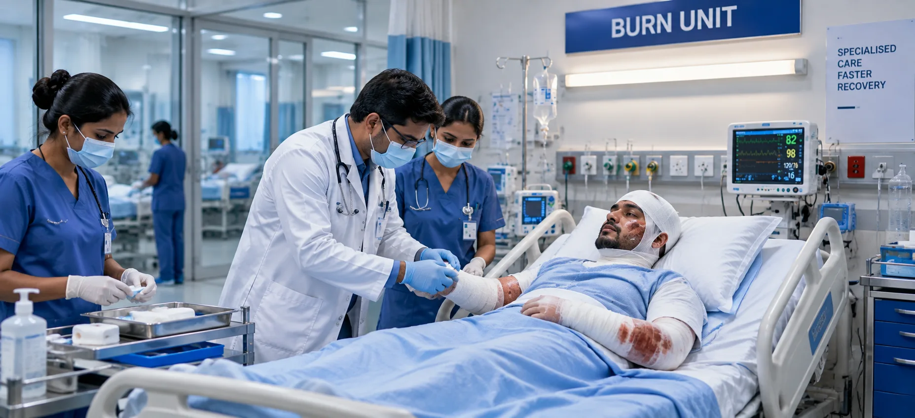 Illustration of burn unit care